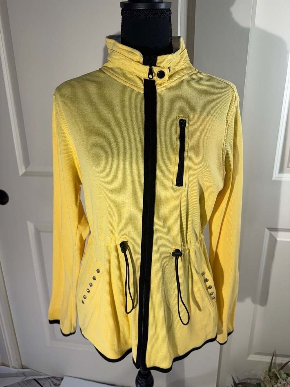 Sportelle Yellow Ribbed Zip-Up Jacket with Drawstring Waist and Stud Detail M